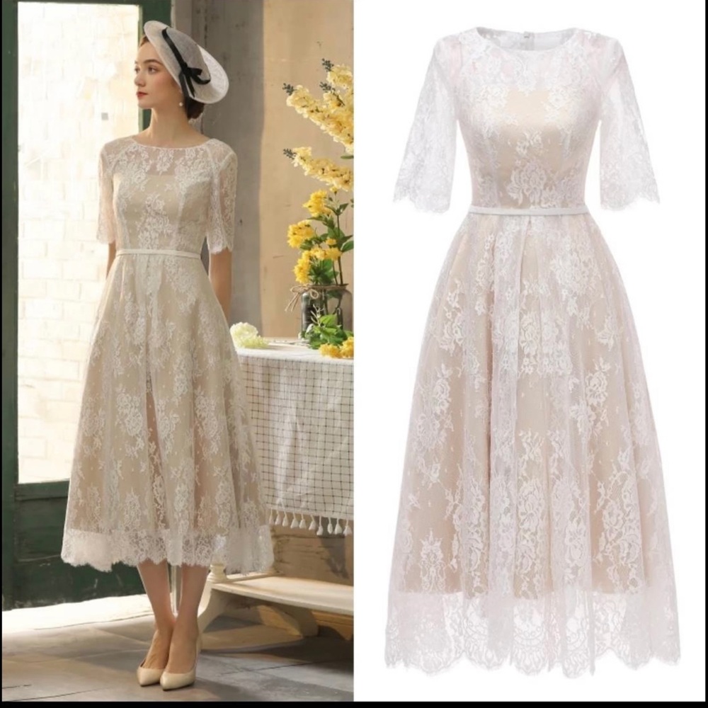 Beautiful tea length lace wedding dress